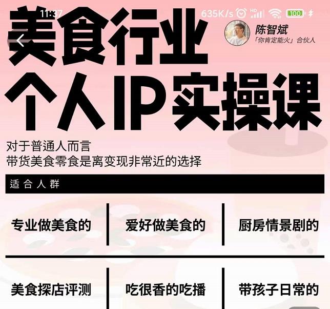 美食行业个人IP实操课，对于普通人而言，带货美食零食是离变现非常近的选择-木石资源网