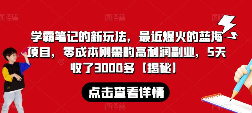 学霸笔记的新玩法，最近爆火的蓝海项目，零成本刚需的高利润副业，5天收了3000多【揭秘】-木石资源网