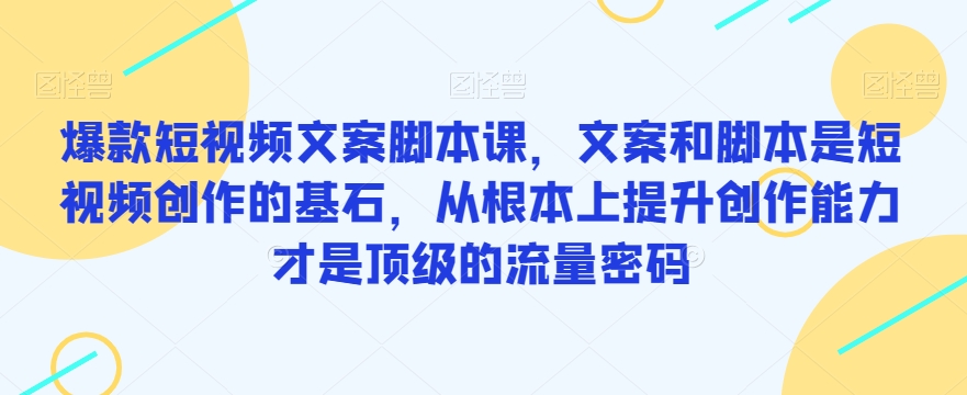 爆款短视频文案脚本课，文案和脚本是短视频创作的基石，从根本上提升创作能力才是顶级的流量密码-木石资源网