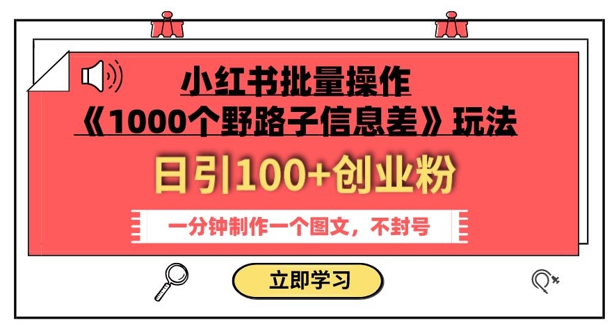 小红书批量操作《1000个野路子信息差》玩法，一分钟制作一个图文，不封号，日引100+创业粉-木石资源网