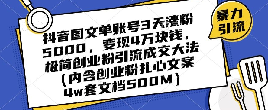 抖音图文单账号3天涨粉5000，变现4万块钱，极简创业粉引流成交大法-木石资源网