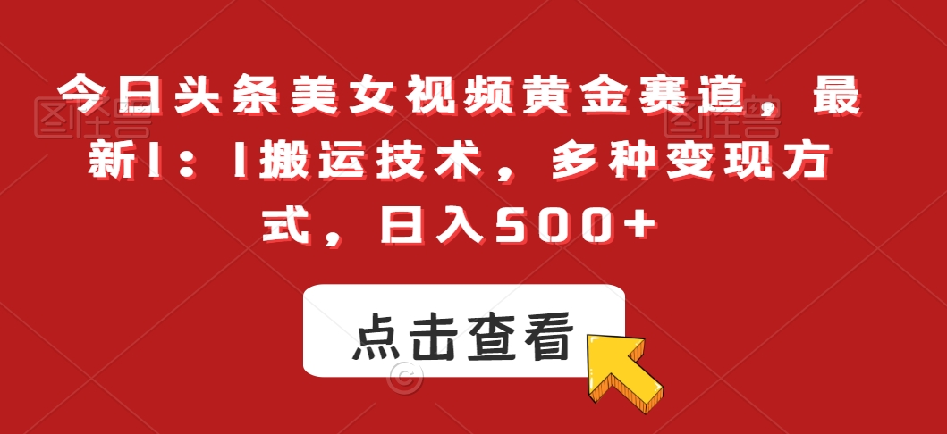 今日头条美女视频黄金赛道，最新1：1搬运技术，多种变现方式，日入500+【揭秘】-木石资源网
