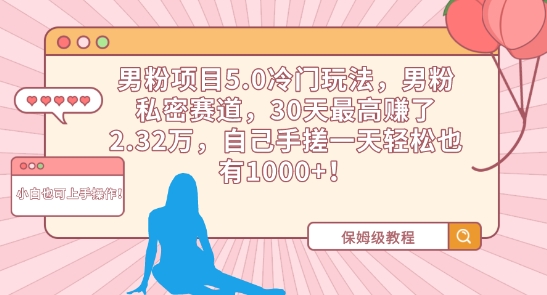 男粉项目5.0冷门玩法，男粉私密赛道，30天最高赚了2.32万，自己手搓一天轻松也有1000+【揭秘】-木石资源网