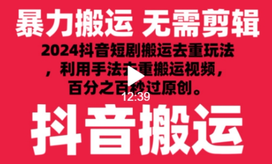 2024最新抖音搬运技术，抖音短剧视频去重，手法搬运，利用工具去重，达到秒过原创的效果【揭秘】-木石资源网