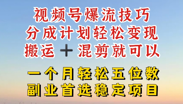 视频号爆流技巧，分成计划轻松变现，搬运 +混剪就可以，一个月轻松五位数稳定项目【揭秘】-木石资源网