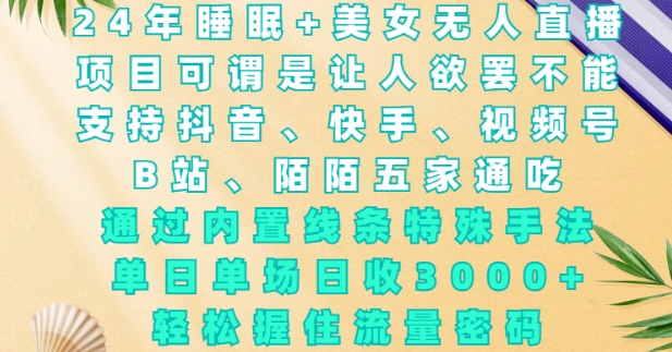 2024年睡眠+美女无人直播，通过内置线条特殊手法，单场日收3k+，轻松握住流量密码【揭秘】-木石资源网