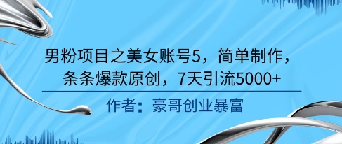 男粉项目之美女账号5，简单制作，条条爆款原创，7天引流5000+-木石资源网