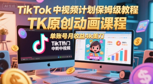 TikTok中视频计划保姆级教程，TK原创动画课程，单账号月收益4k美刀-木石资源网