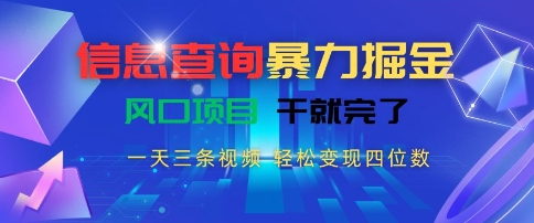 信息查询暴力掘金，一天三条视频，轻松变现四位数，风口项目干就完了【揭秘】-木石资源网