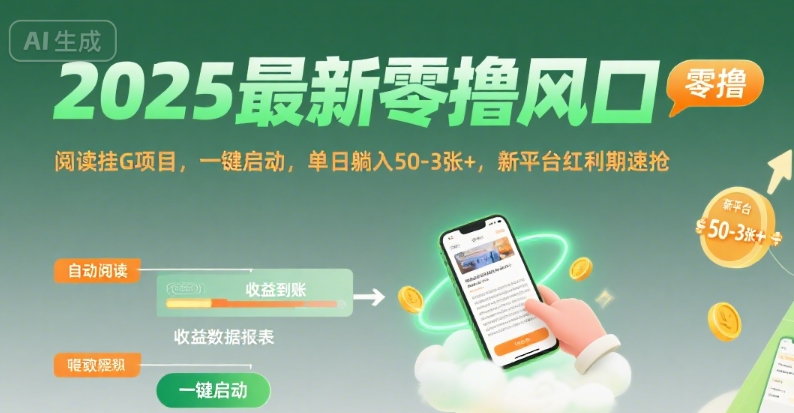 2025最新零撸风口，阅读挂G项目，一键启动，单日躺入 50-3张+，新平台红利期速抢【揭秘】-木石资源网