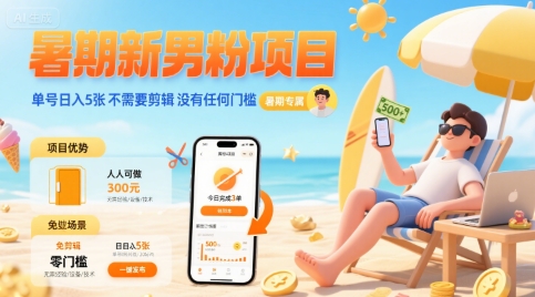 暑期新男粉项目 单号日入5张 不需要剪辑  没有任何门槛-木石资源网