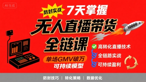 无人直播带货全链防封实战课，7天掌握高转化直播技术，实现单场GMV破万可持续模型-木石资源网