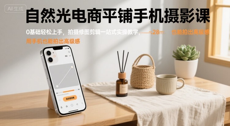 自然光电商平铺手机摄影课，0基础轻松上手，拍摄修图剪辑一站式实操教学，用手机也能拍出高级感-木石资源网