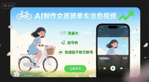 AI制作女孩骑单车治愈视频，流量大，起号快，快速起千粉万粉号-木石资源网