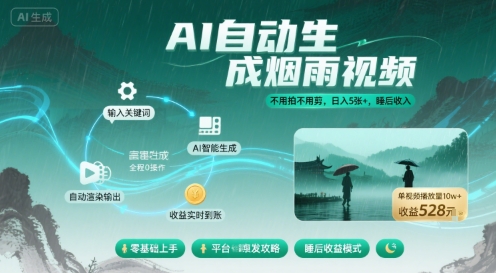 不用拍不用剪！AI自动生成烟雨视频，日入5张+，睡后收入-木石资源网