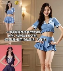 AI海军装美女跳舞视频制作教学，快速涨千粉万粉，视频教程+提示词(绘图词、动作词)-木石资源网