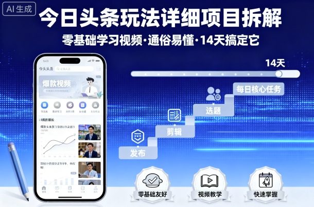今日头条玩法详细项目拆解，零基础学习视频 通俗易懂 14天搞定它-木石资源网