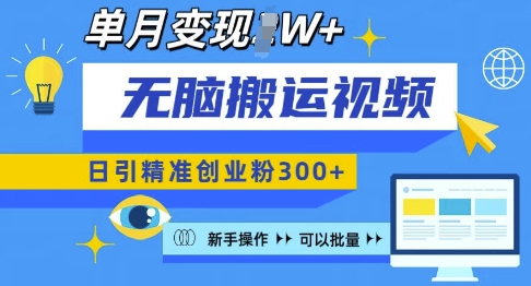 无脑搬运视频号可批量复制，新手即可操作，日引精准创业粉300+，月变现过W 【揭秘】-木石资源网