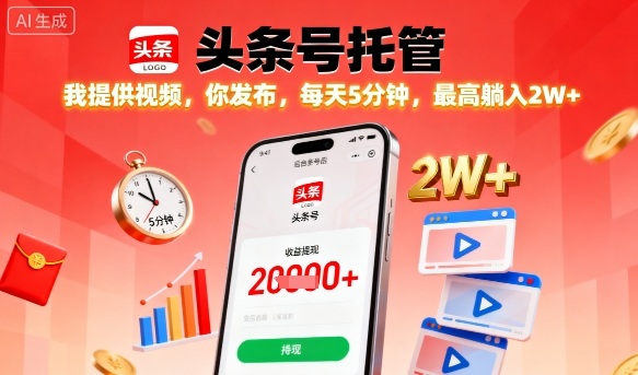 【头条号托管】我提供视频，你发布，每天5分钟，最高躺入2W+【揭秘】-木石资源网