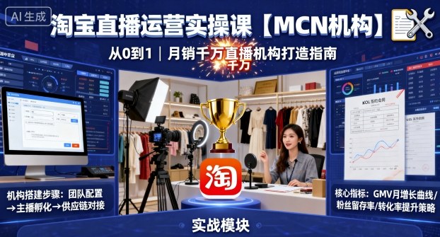 淘宝直播运营实操课【MCN机构】，从0到1做一家月销千W的直播机构-木石资源网