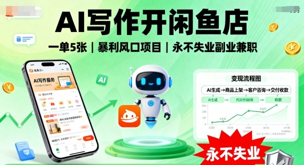 AI写作开闲鱼店，一单5张，暴利风口项目，永不失业副业兼职【全网首发】-木石资源网