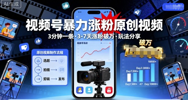视频号暴力涨粉原创视频，3分钟一条原创视频，3-7天涨粉破万，玩法分享给你-木石资源网
