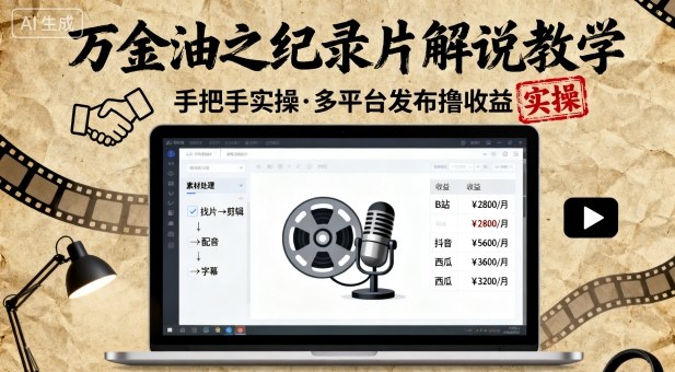 万金油之纪录片解说教学，手把手教你，完全实操，多平台发布撸收益-木石资源网