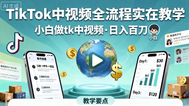 TikTok中视频全流程实操教学，小白做tk中视频，日入百刀-木石资源网