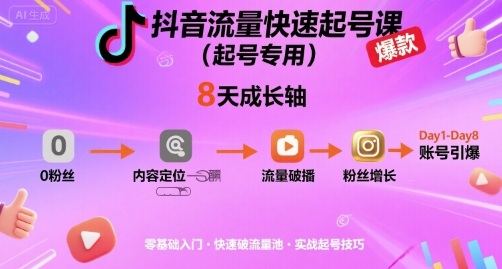 抖音流量快速起号课（起号专用），8天带你做爆自己的账号-木石资源网
