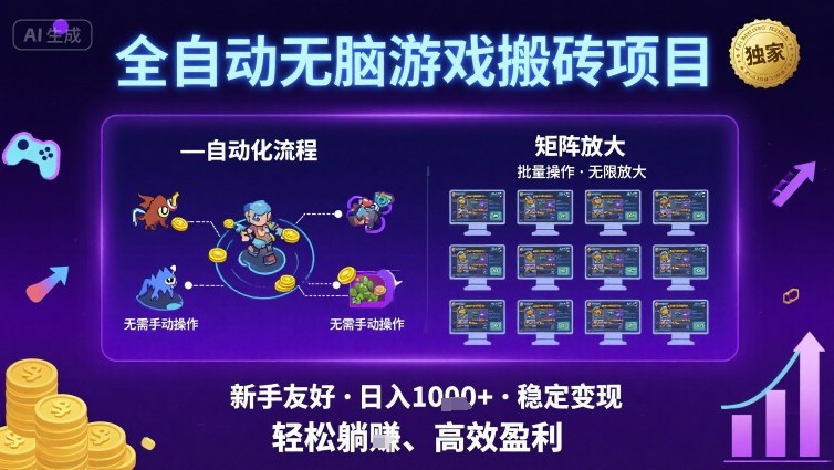 全自动无脑游戏搬砖项目，独家玩法，可批量矩阵无限放大，新手也能轻松日入1k+【揭秘】-木石资源网