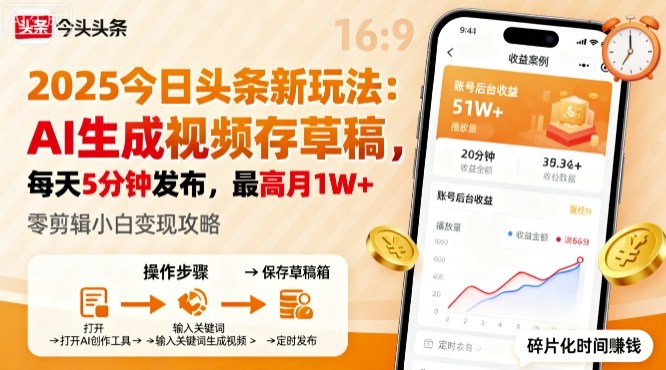 2025年今日头条躺賺新玩法，AI生成视频存草稿，每天5分钟发布，最高月1W+【揭秘】-木石资源网