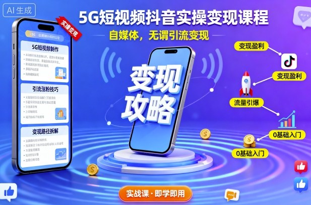 5G短视频抖音实操变现课程，自媒体，无谓引流变现-木石资源网