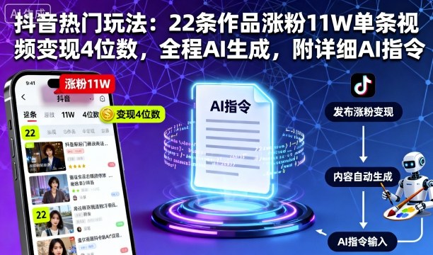 抖音热门玩法：22条作品涨粉11W单条视频变现4位数，全程AI生成，附详细AI指令-木石资源网