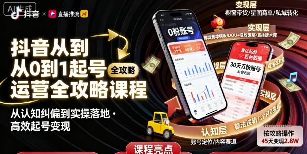 抖音从0到1起号运营全攻略课程，从认知纠偏到实操落地，高效起号变现-木石资源网