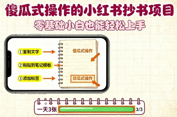 傻瓜式操作的小红书抄书项目，会复制粘贴就行，零基础小白也能一天3张-木石资源网