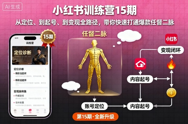 小红书训练营15期，从定位、到起号、到变现全路径，带你快速打通爆款任督二脉-木石资源网