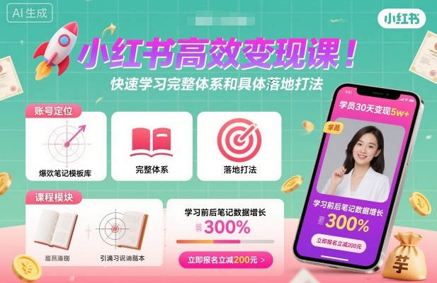 小红书高效变现课，快速学习小红书完整体系和具体落地打法-木石资源网