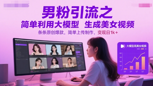 男粉引流之简单利用大模型生成美女视频，条条原创爆款，简单上传制作，变现日1k+-木石资源网