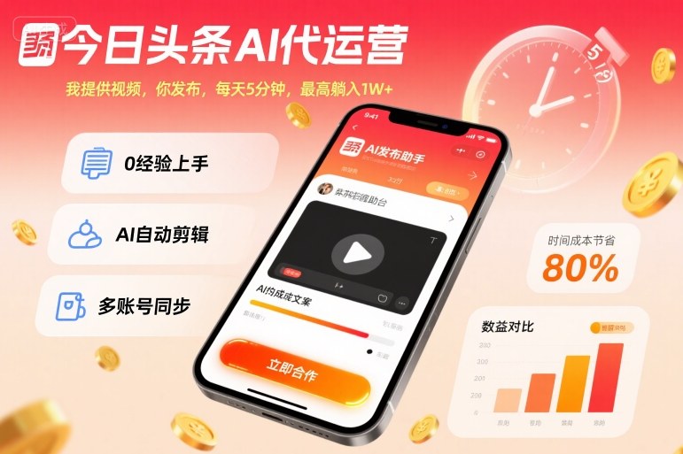 今日头条AI代运营，我提供视频，你发布，每天5分钟，最高躺入1W+【揭秘】-木石资源网