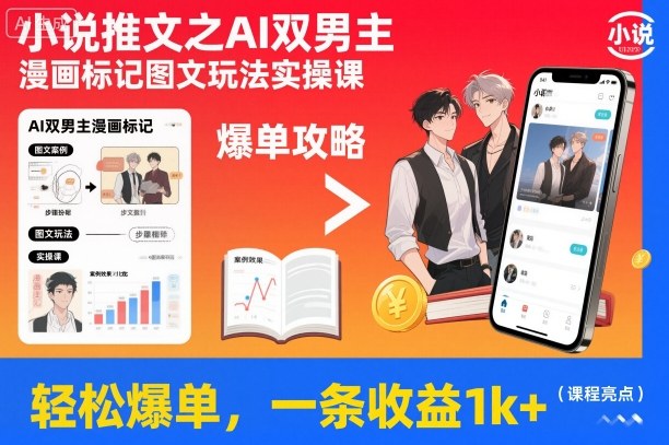 小说推文之AI双男主漫画标记图文玩法实操课，轻松爆单，一条收益1k+-木石资源网
