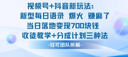 视频号加抖音新玩法：爆火新型每日语录，收徒教学加分成计划，三种变现玩法，当日变现7张-木石资源网