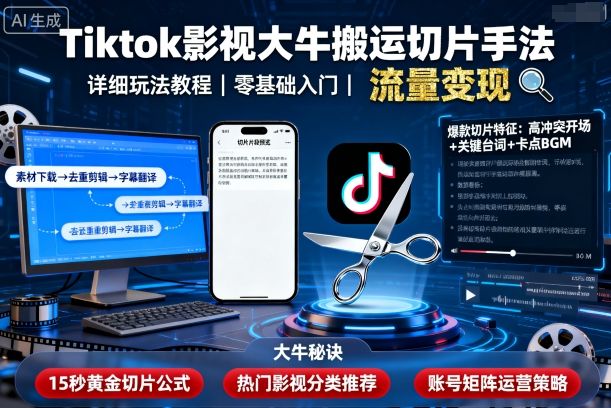 Tiktok影视大牛搬运切片手法，详细玩法教程-木石资源网