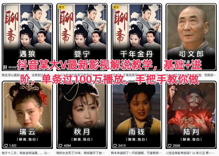 抖音某大V最新影视解说教学，基础+进阶，单条过100万播放，手把手教你做-木石资源网