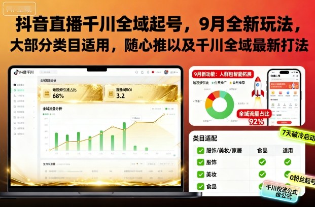 抖音直播千川全域起号，9月全新玩法，大部分类目适用，随心推以及千川全域最新打法-木石资源网