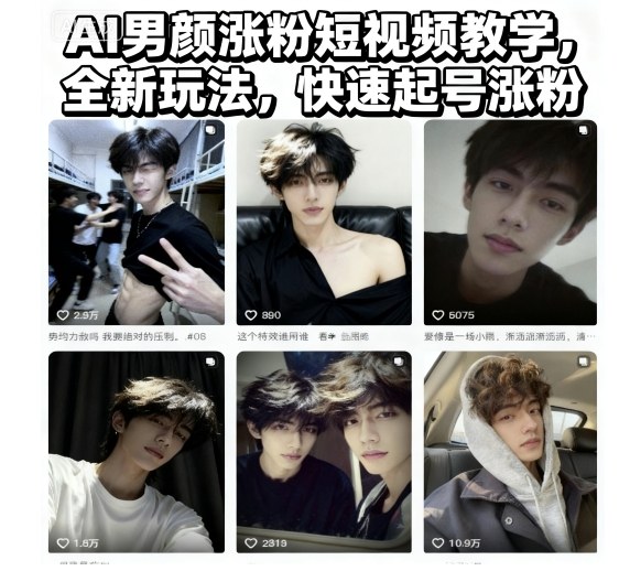 AI男颜涨粉短视频教学，全新玩法，快速起号涨粉-木石资源网
