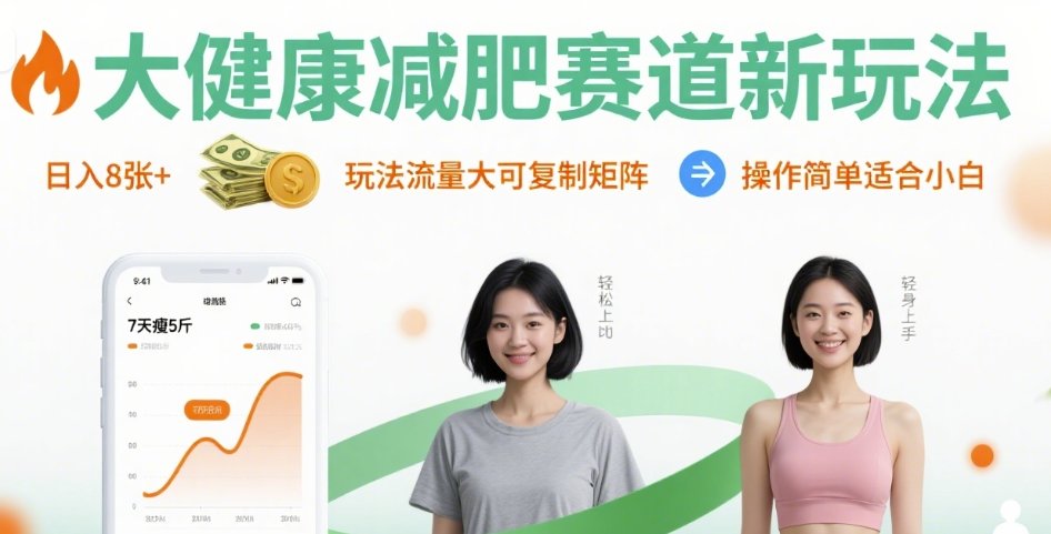 大健康减肥赛道新玩法日入8张，玩法流量大可复制矩阵，操作简单适合小白-木石资源网