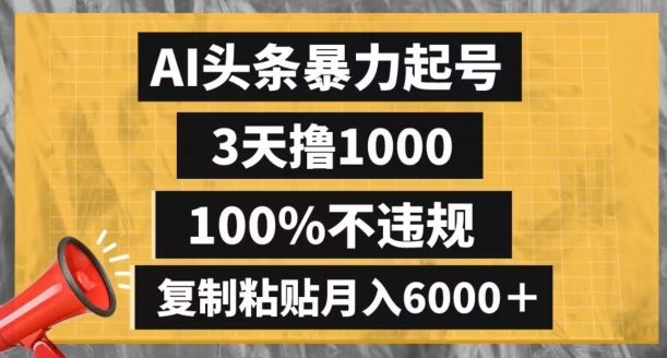 AI头条暴力起号，3天撸1000,100%不违规，复制粘贴月入6000＋【揭秘】-木石资源网