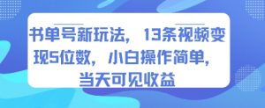书单号新玩法，13条视频变现5位数，小白操作简单，当天可见收益-木石资源网