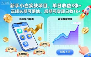 新手小白实战项目，单日收益3张+，正规长期可落地，后期可实现日收1k+【揭秘】-木石资源网