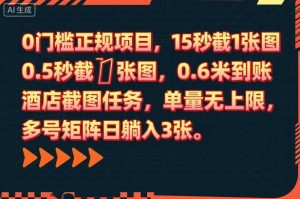 0门槛正规项目,15秒截1张图,0.6米到账,酒店截图任务,单量无上限,多号矩阵日躺入3张【揭秘】-木石资源网